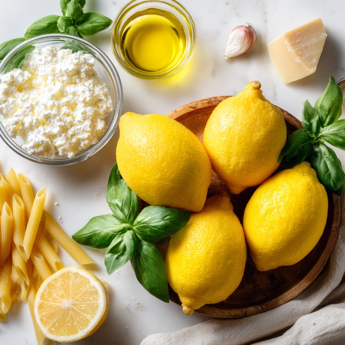 Overhead photo of ingredients for lemon basil ricotta pasta laid out on a kitchen counter