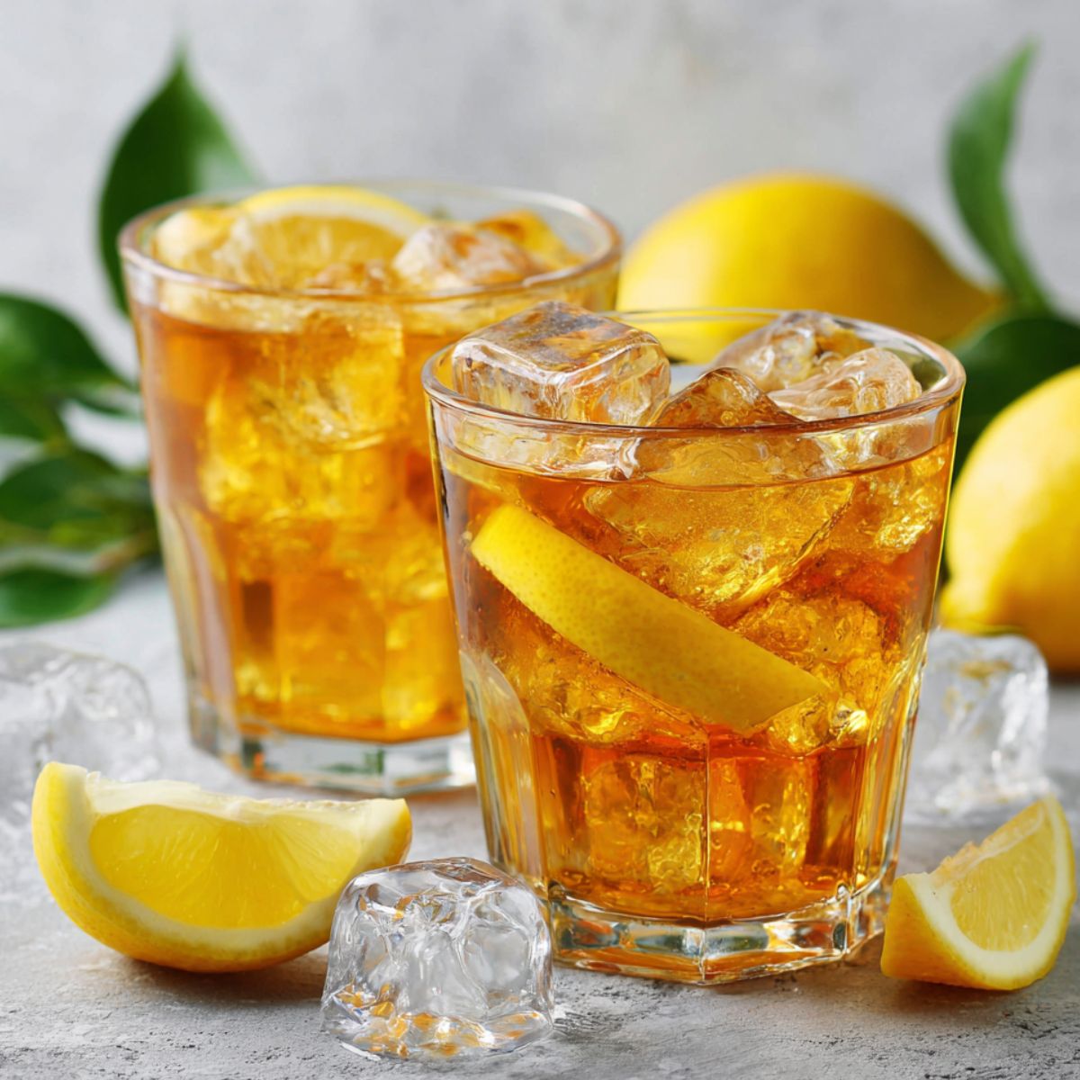 Homemade lemon iced tea on a white kitchen counter