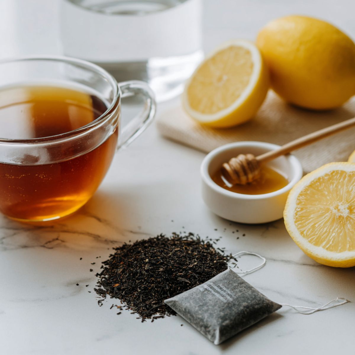  Ingredients laid out for making lemon iced tea on a white kitchen counter