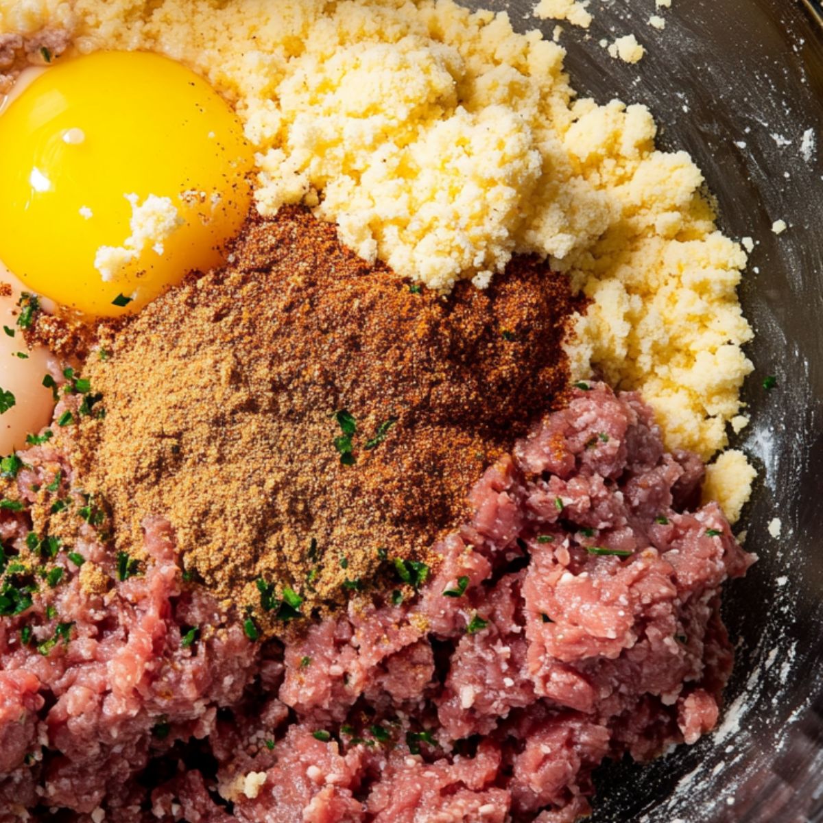 Mixing ground meat with spices and breadcrumbs