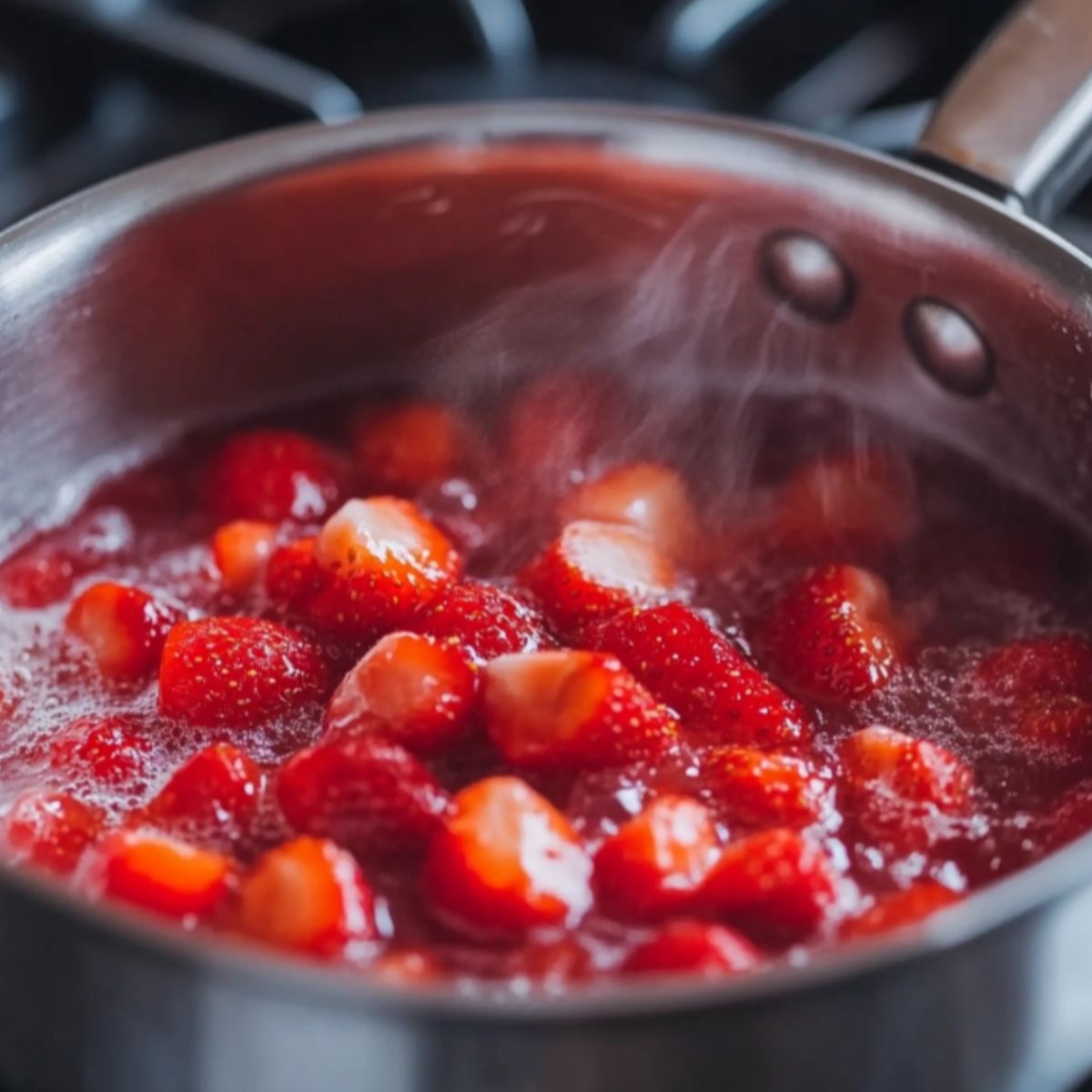  Homemade strawberry syrup simmering on the stove