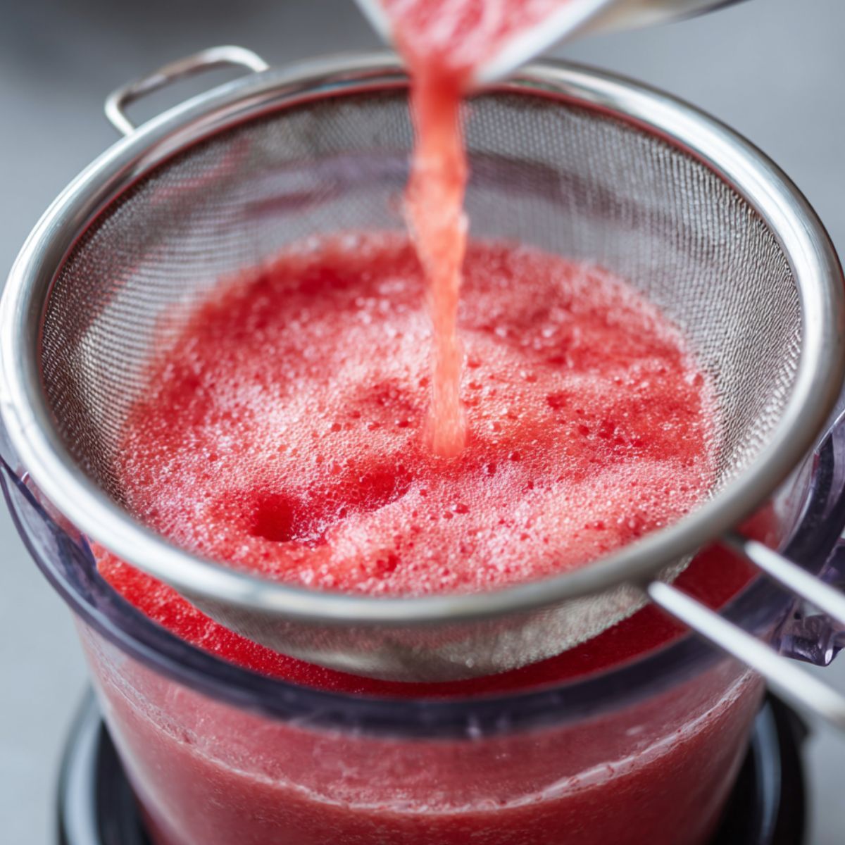 Blending and straining fresh watermelon to make juice for mochi.