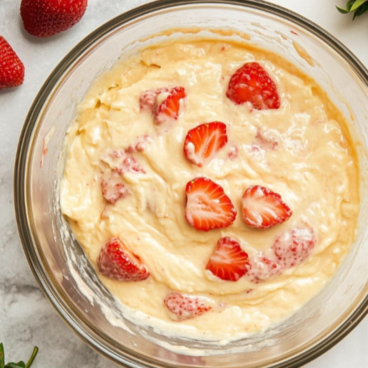 Mixing pancake batter in a bowl for strawberry pancakes
