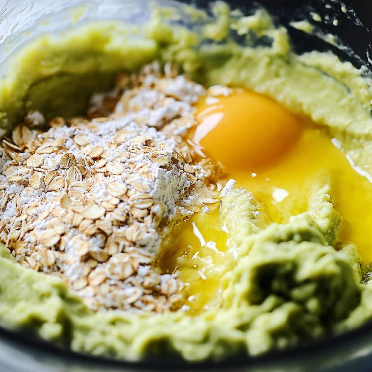  Mixing avocado, eggs, and oat flour in a bowl