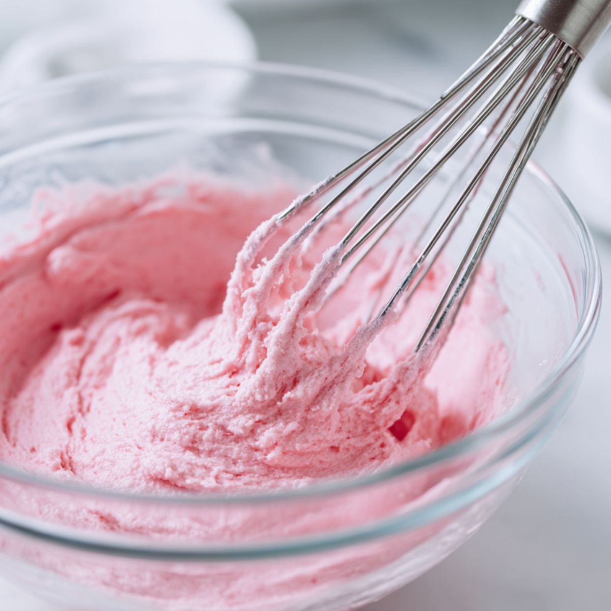 Mixing glutinous rice flour, sugar, and watermelon juice into smooth mochi batter.