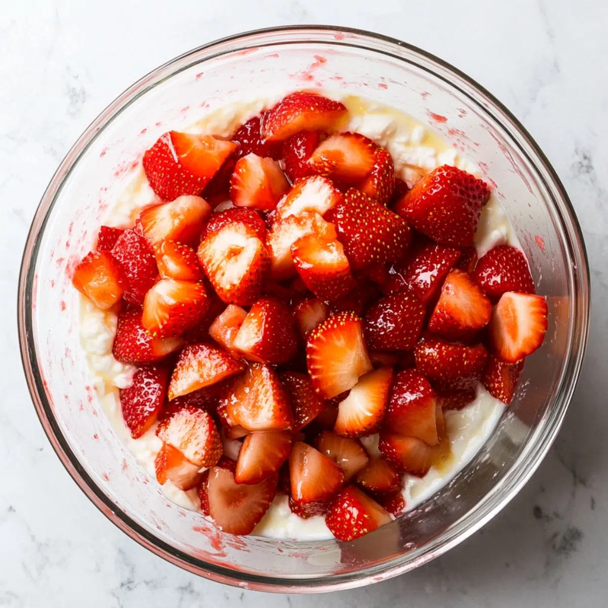 Mixing strawberries, yogurt, and honey in a bowl for frozen strawberry yogurt bites