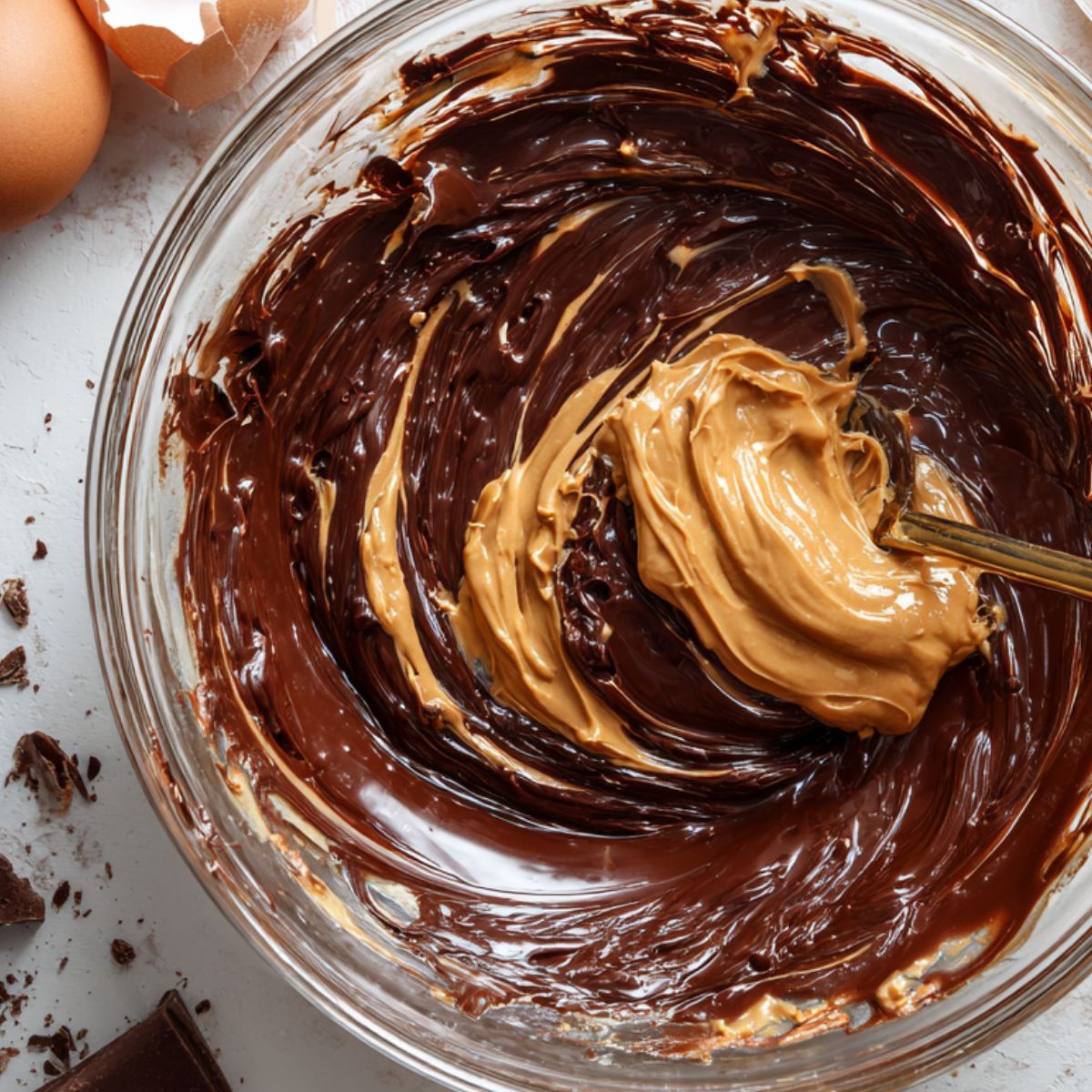 Mixing melted chocolate and peanut butter in a bowl with egg on the side
