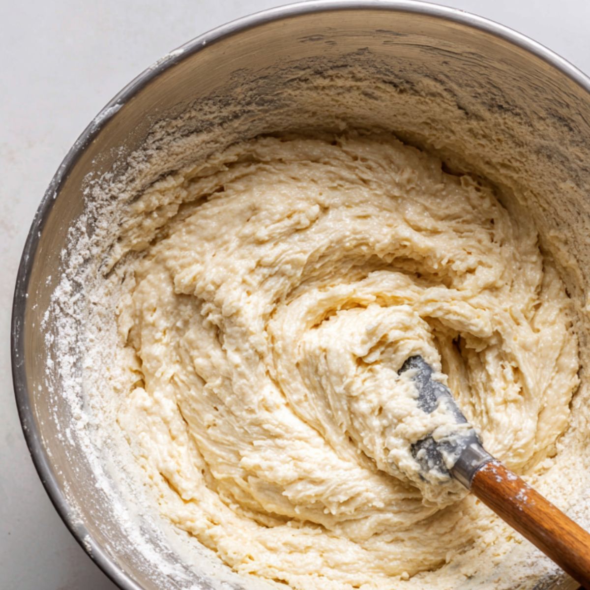 Folding dry and wet ingredients together for mochi muffin batter