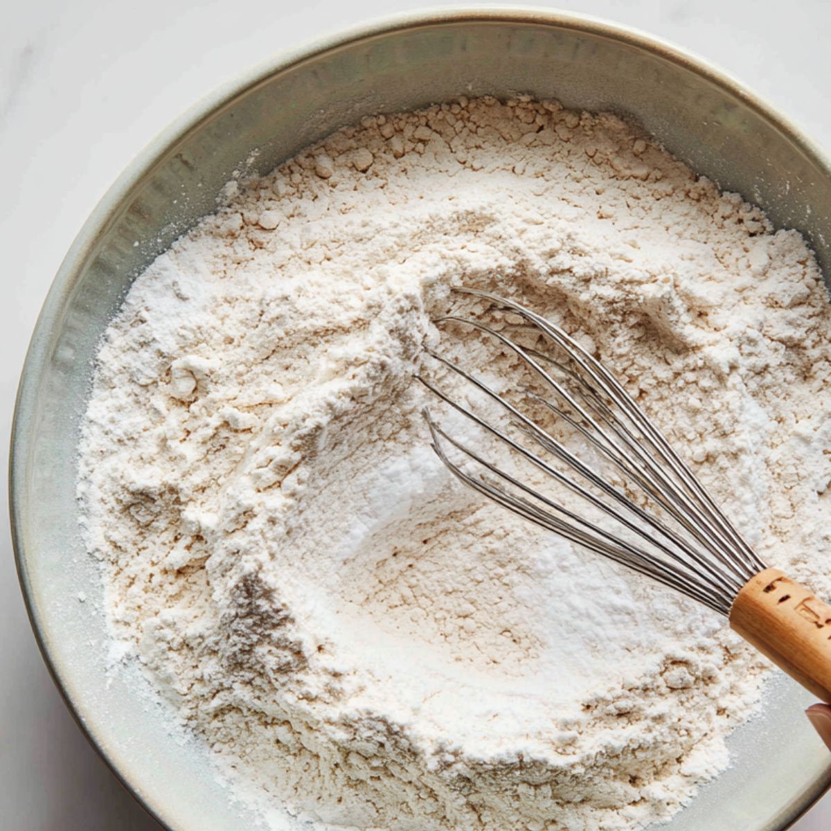 Mixing dry ingredients for mochi muffins in a large bowl