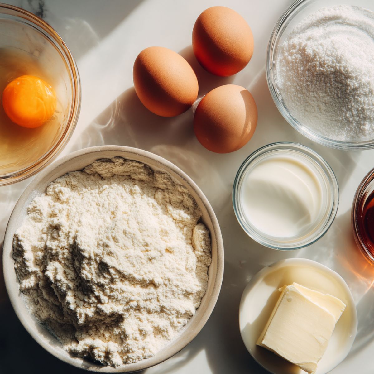  Ingredients for making mochi muffins arranged on a white counter