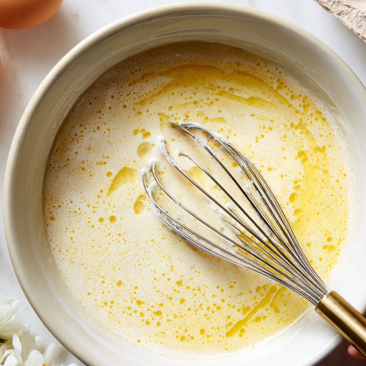 Whisking wet ingredients for mochi muffins in a mixing bowl