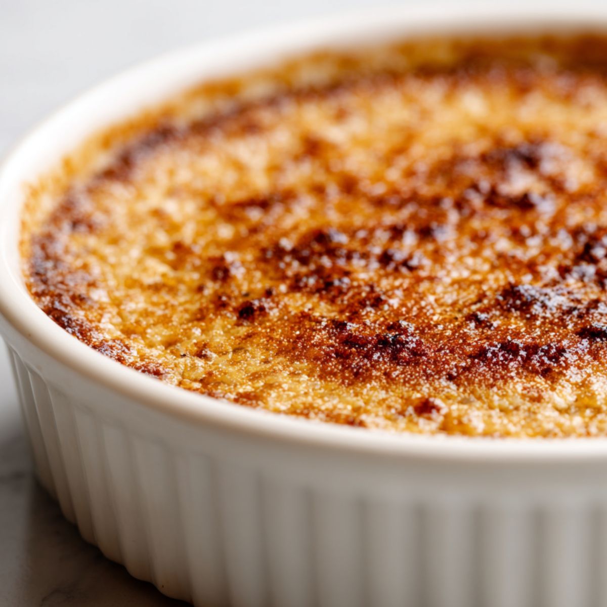 Oatmeal custard baking in a dish with golden edges on a white kitchen counter.