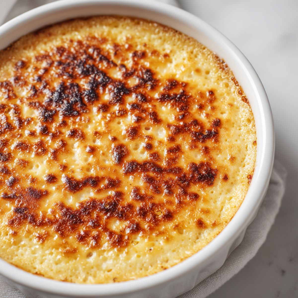 Oatmeal custard baking in a dish with golden edges on a white kitchen counter.