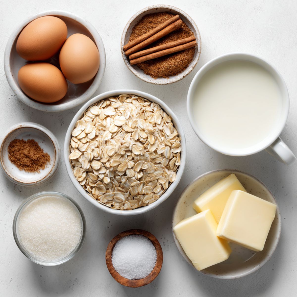 Casually arranged oatmeal custard ingredients on a white kitchen counter.

