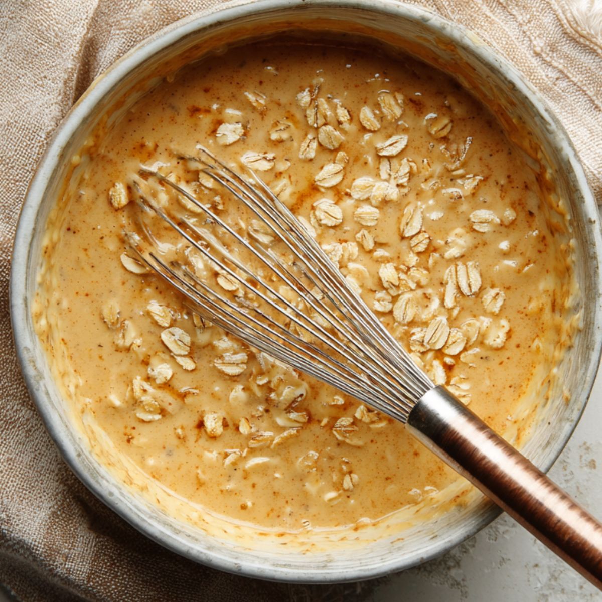Bowl of oatmeal custard mixture with a whisk on a white kitchen counter.