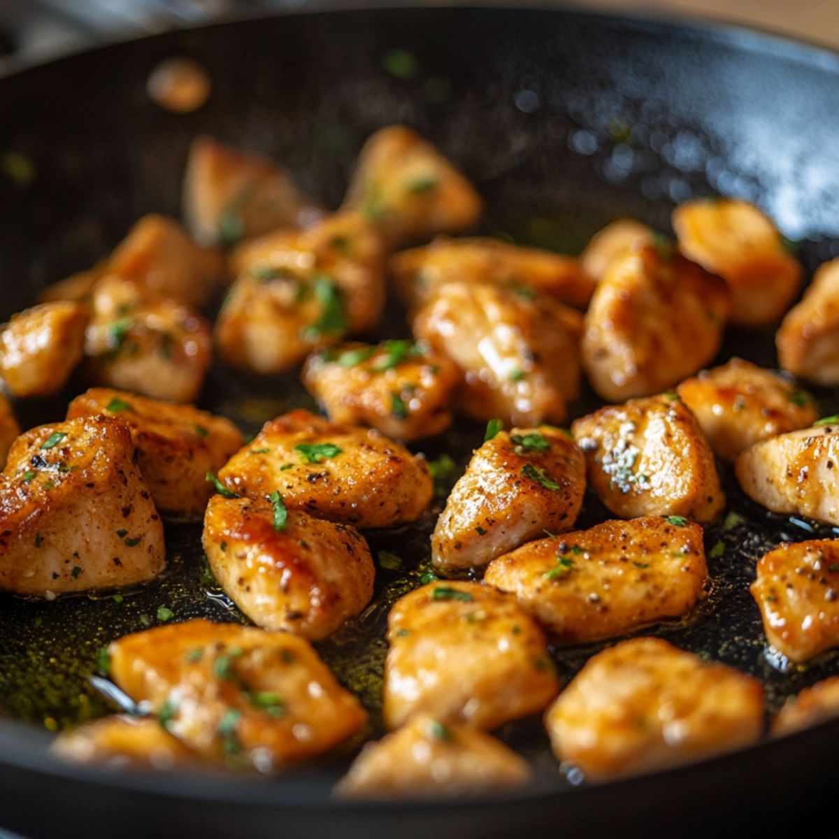 Keto chicken frying in a skillet until golden and crispy