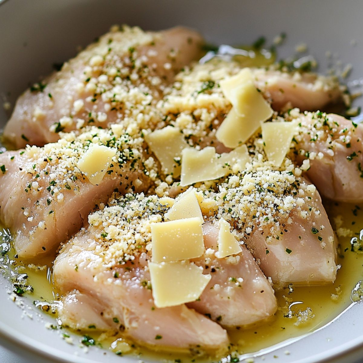  Parmesan being pressed onto marinated chicken
