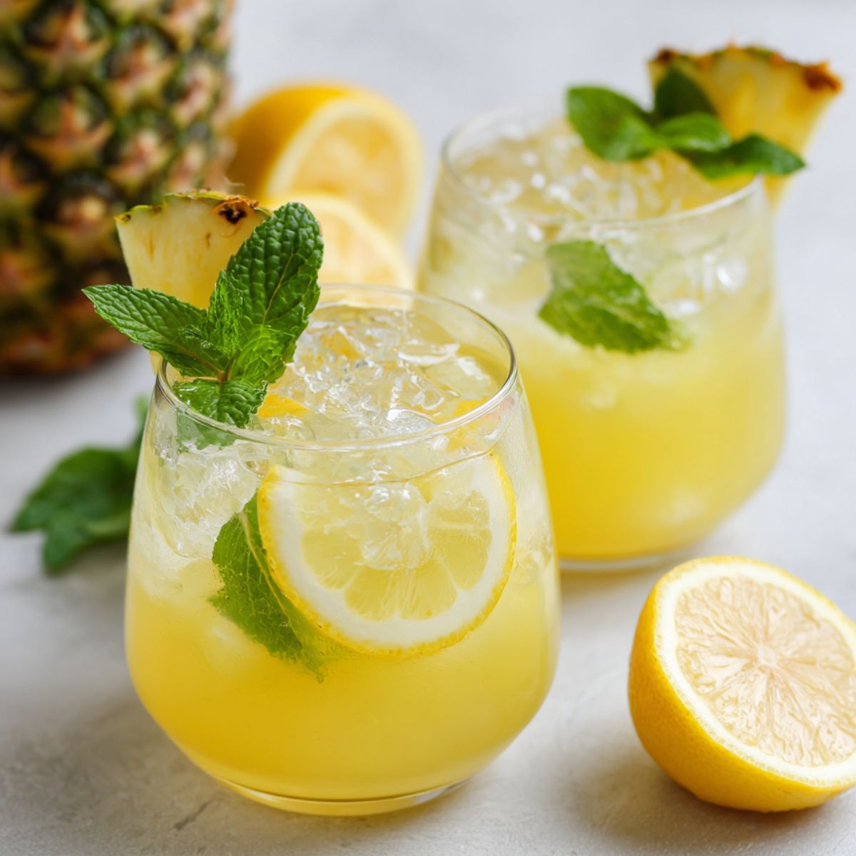 Two glasses of Refreshing homemade pineapple lemonade with lemon and mint on a white kitchen counter