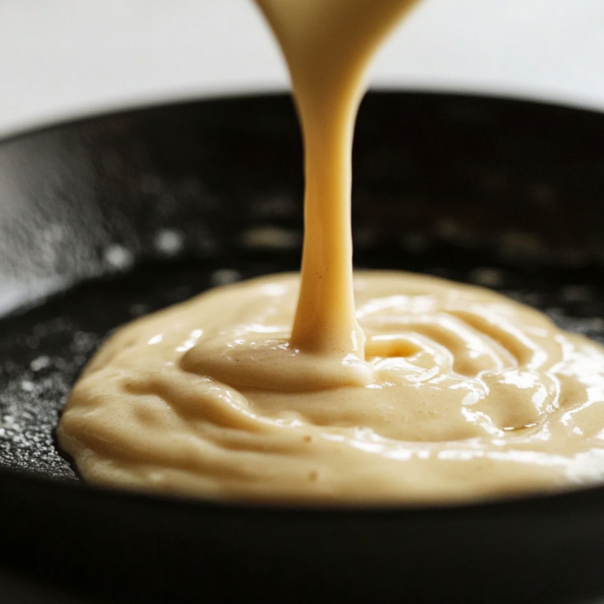 Pouring gluten free pancake batter into a hot buttered skillet.