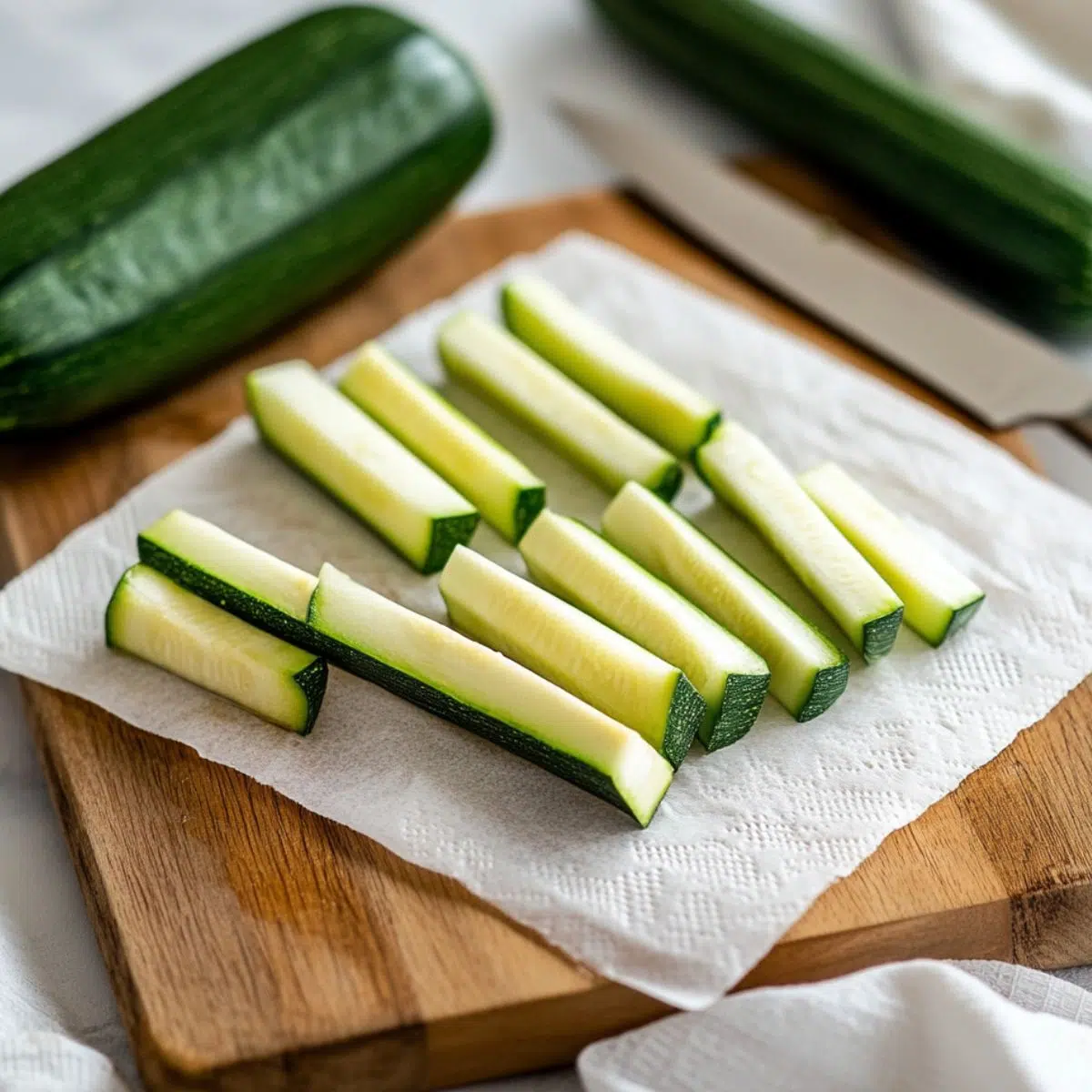 Sliced zucchini sticks on a cutting board ready for prep.