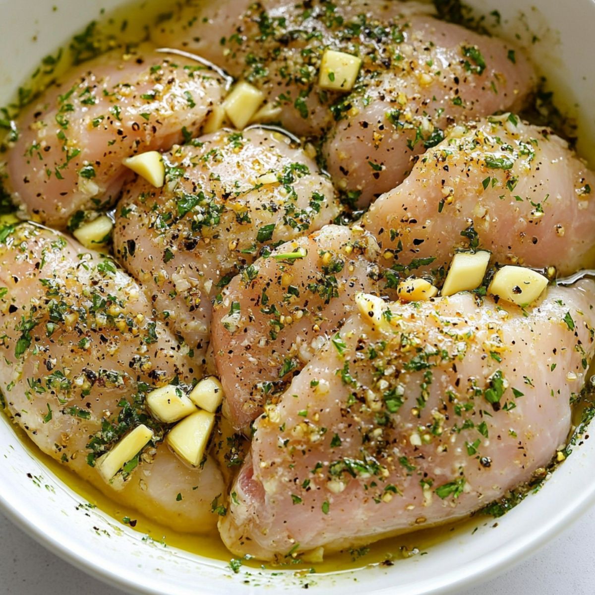 Chicken breasts marinating in garlic herb mixture