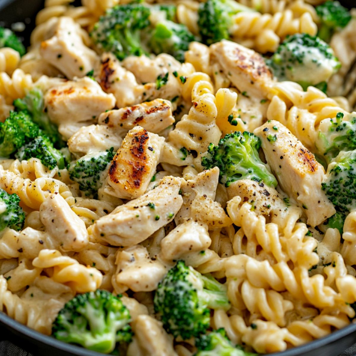 A Skillet of creamy rotisserie chicken broccoli pasta 