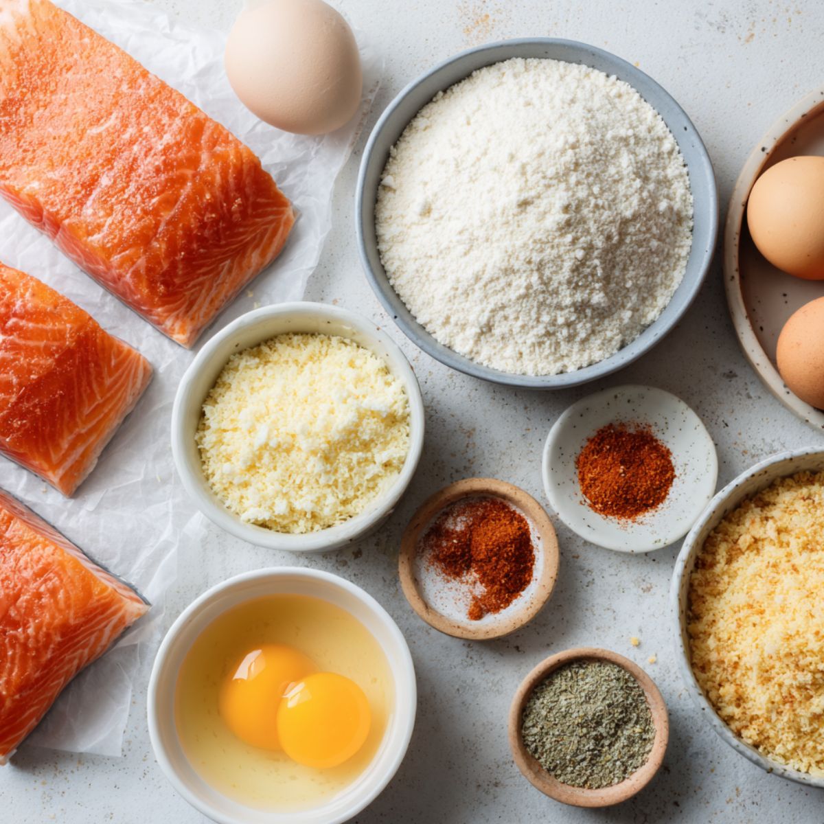  Ingredients for air fryer crispy salmon bites arranged on a kitchen counter