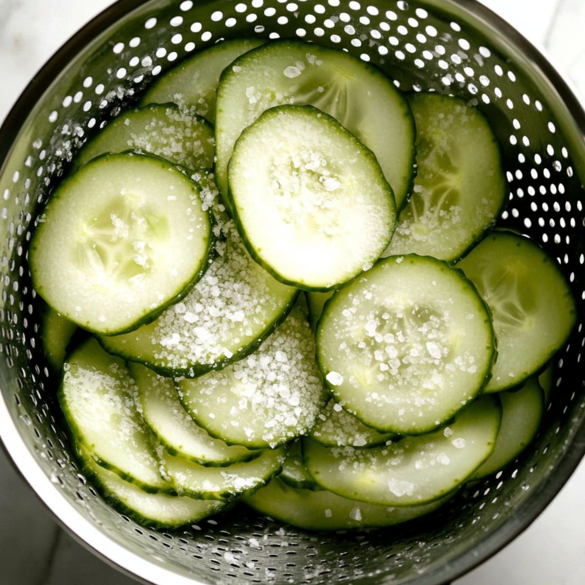  Salted cucumber slices in a colander draining on a white counter