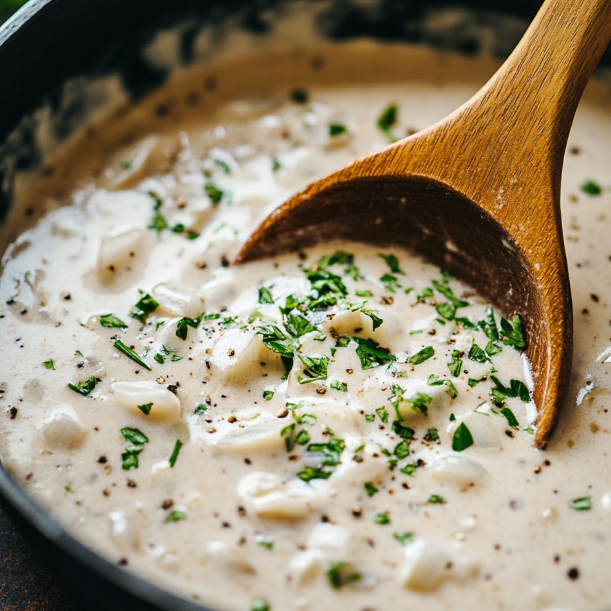 Skillet with creamy garlic sauce on stove.