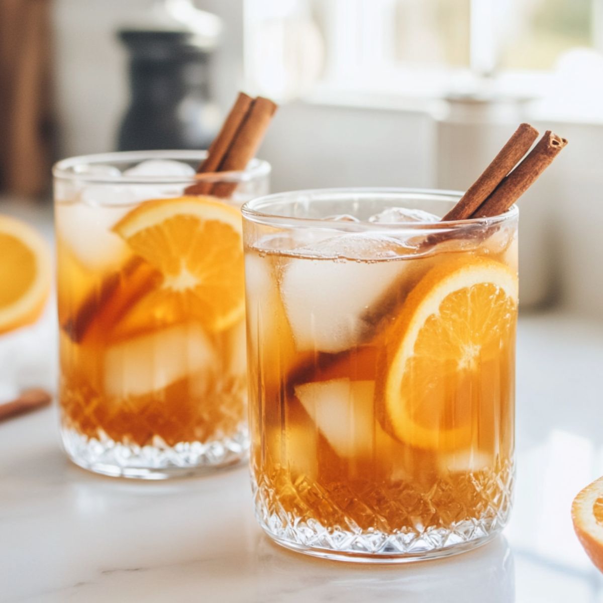 Pouring orange cinnamon iced tea over ice with garnish