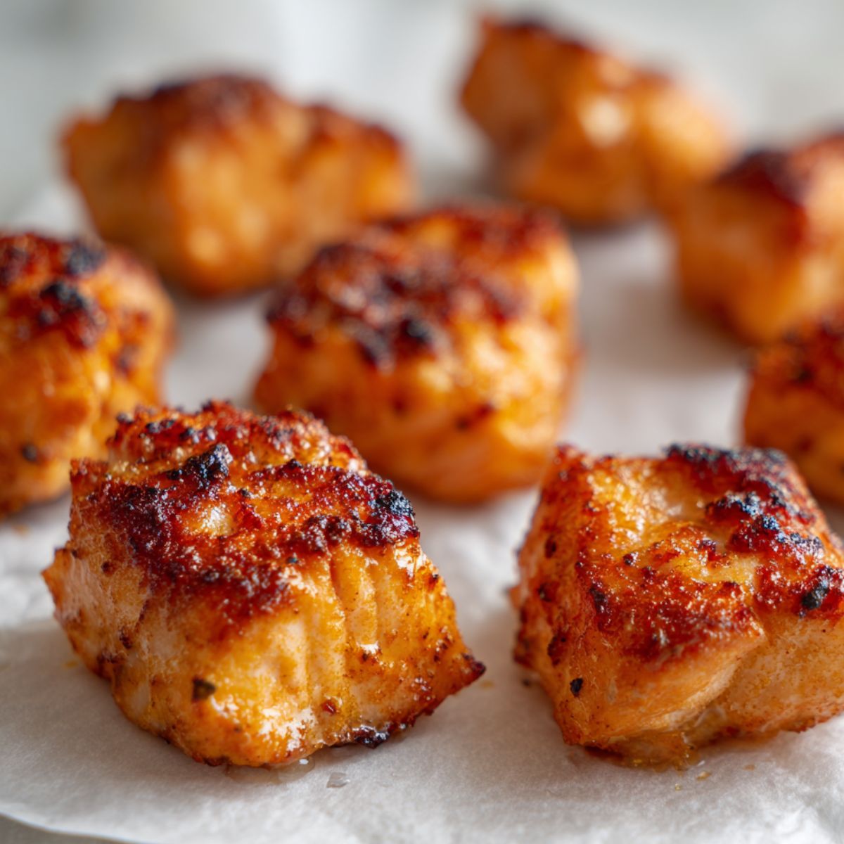 Cooked air fryer salmon bites resting before serving