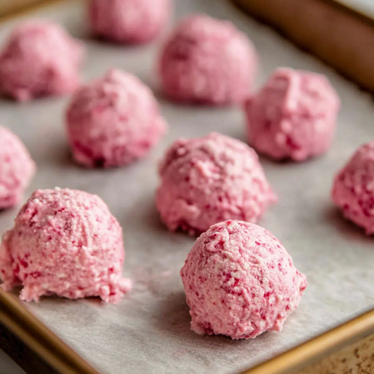 Scooped strawberry yogurt bites on parchment paper before freezing
