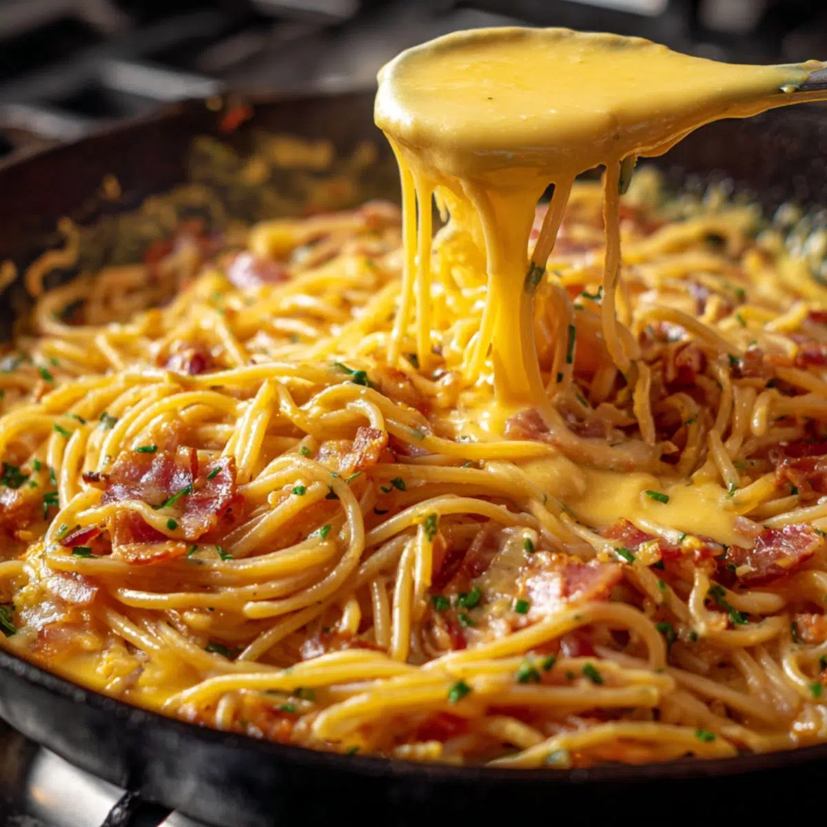 Pasta coated in silky egg and cheese sauce in a skillet.