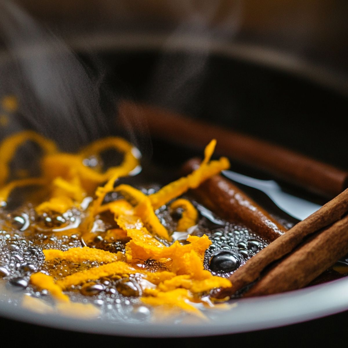 Simmering cinnamon sticks and orange zest in a pot for tea base
