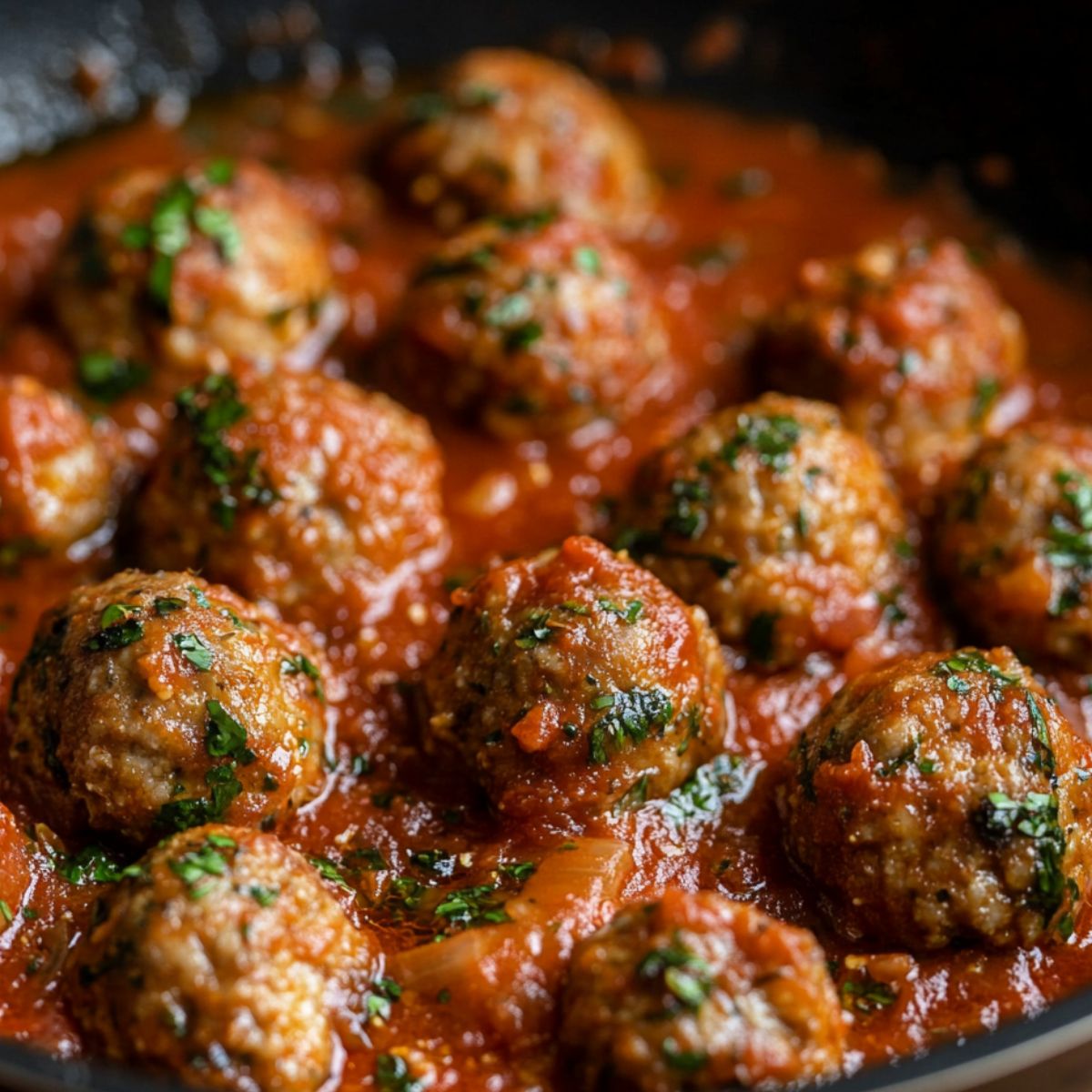 Stuffed meatballs simmering in marinara sauce