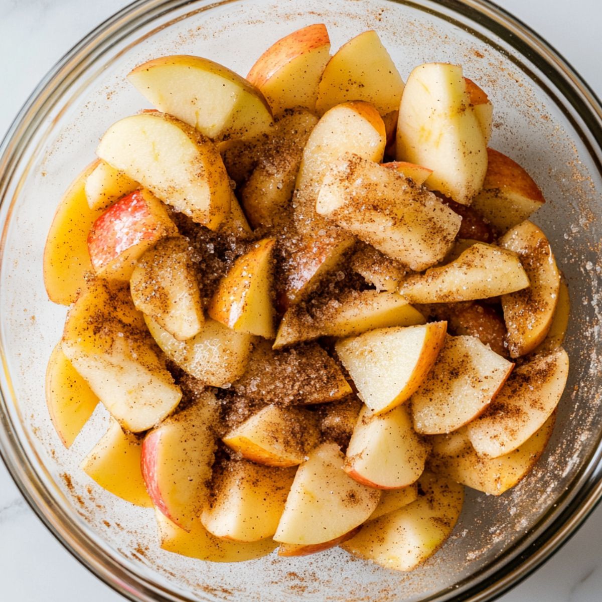 Sliced apples tossed with spices in a bowl for breakfast apple crumble