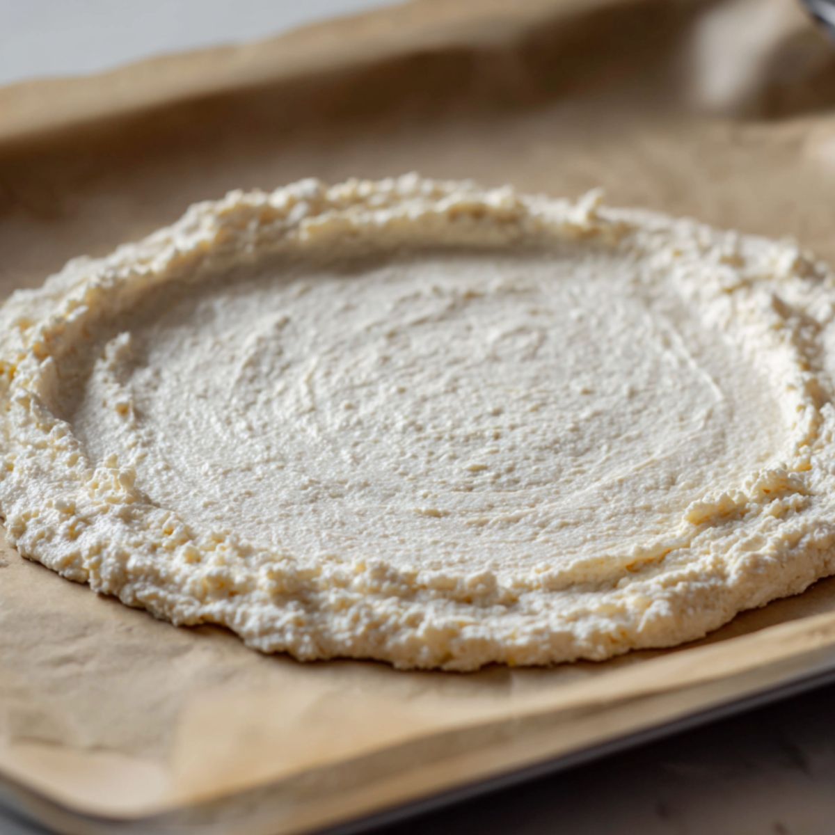 Flatbread batter spread into a rustic circle on baking sheet