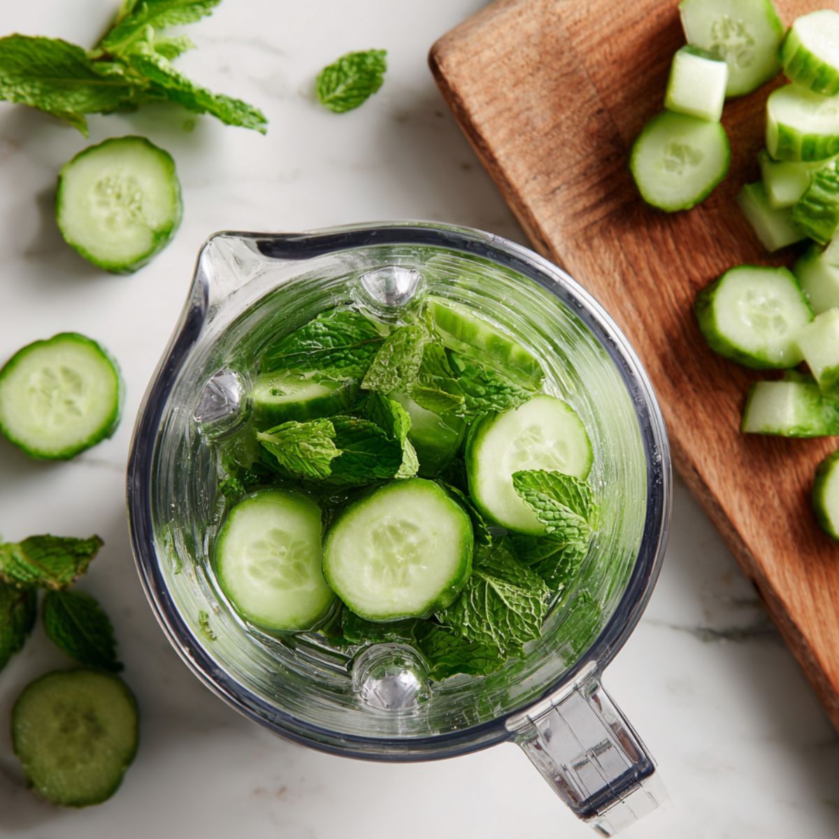 Cucumber and mint being blended in a kitchen blender