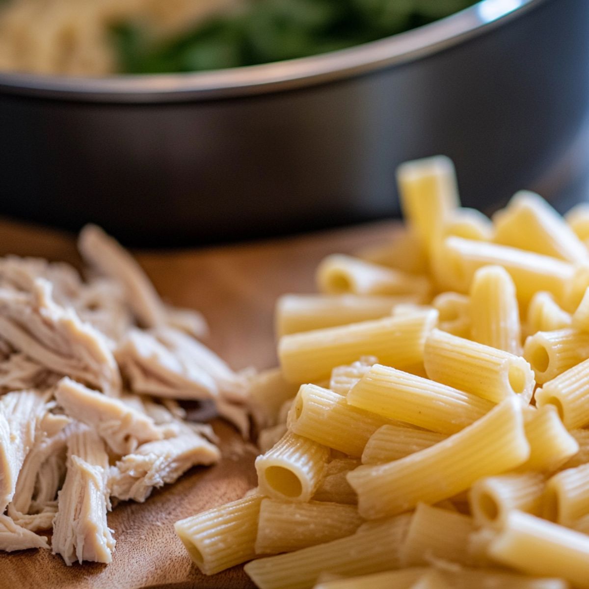 Pasta boiling in a pot with chicken being prepped on the side.