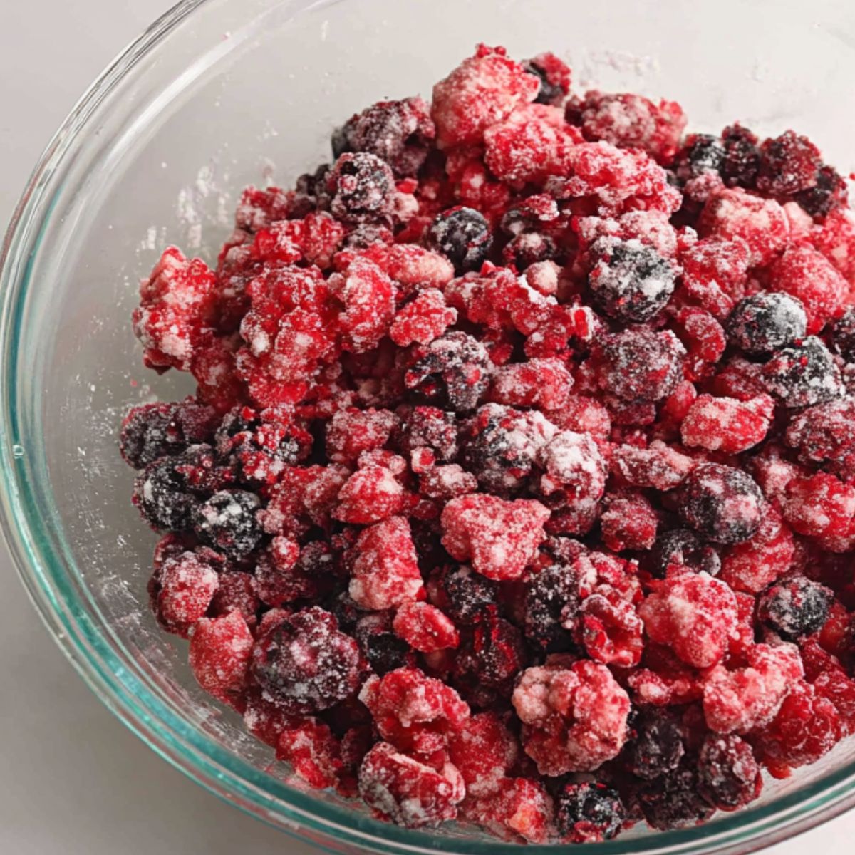 Frozen mixed berries tossed with sugar, lemon juice, and cornstarch in a white mixing bowl