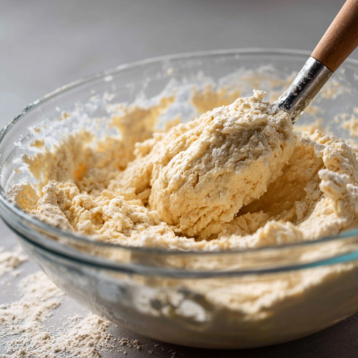 Mixing Greek yogurt and flour to form dough