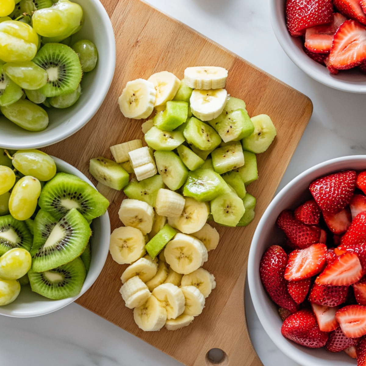 Chopping fresh fruits on cutting board for breakfast fruit salad with yogurt