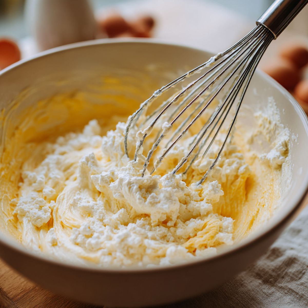 Whisk eggs, cottage cheese, milk, salt, and pepper until the mixture is smooth.