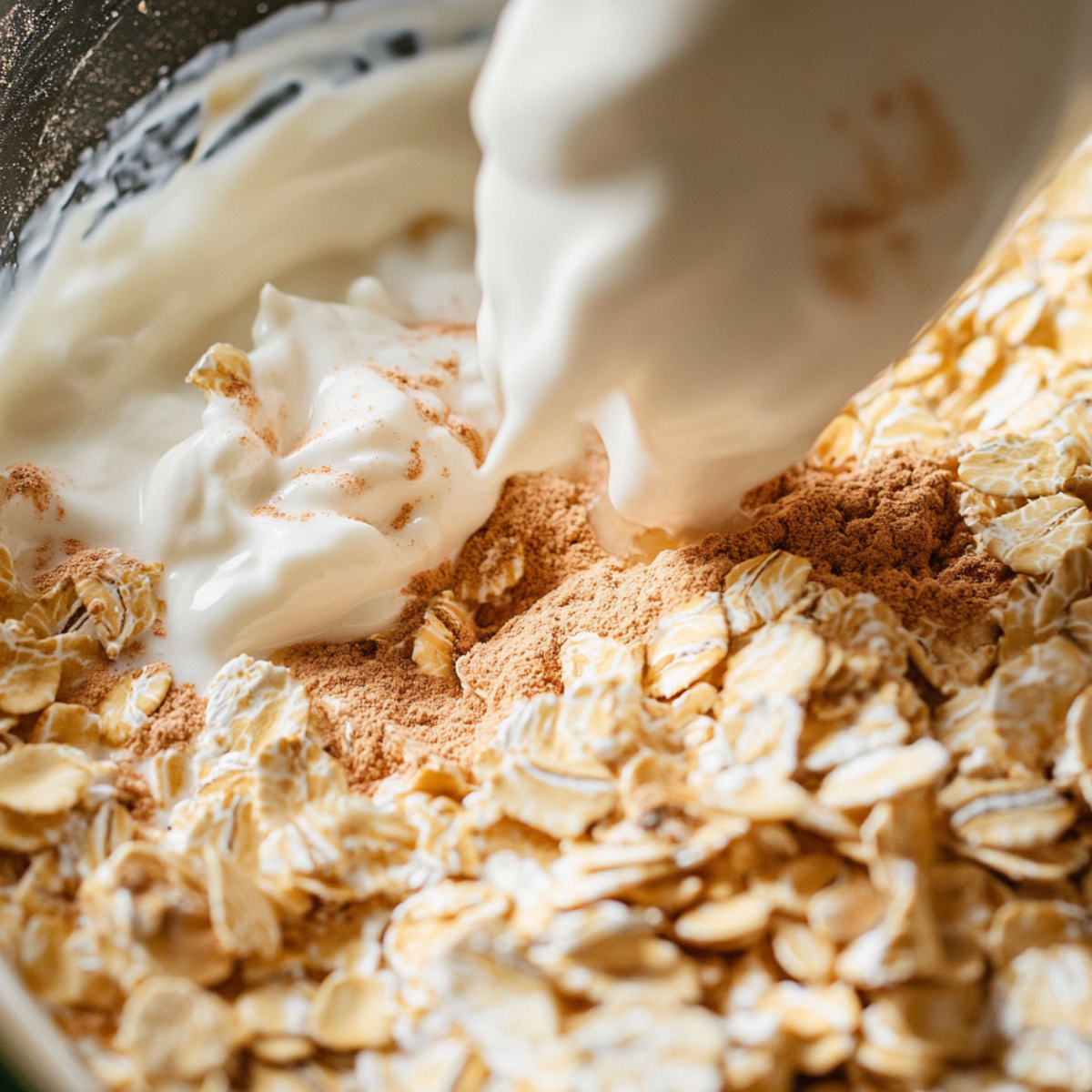 Ingredients for cinnamon roll overnight oats being mixed in a glass bowl on a kitchen counter