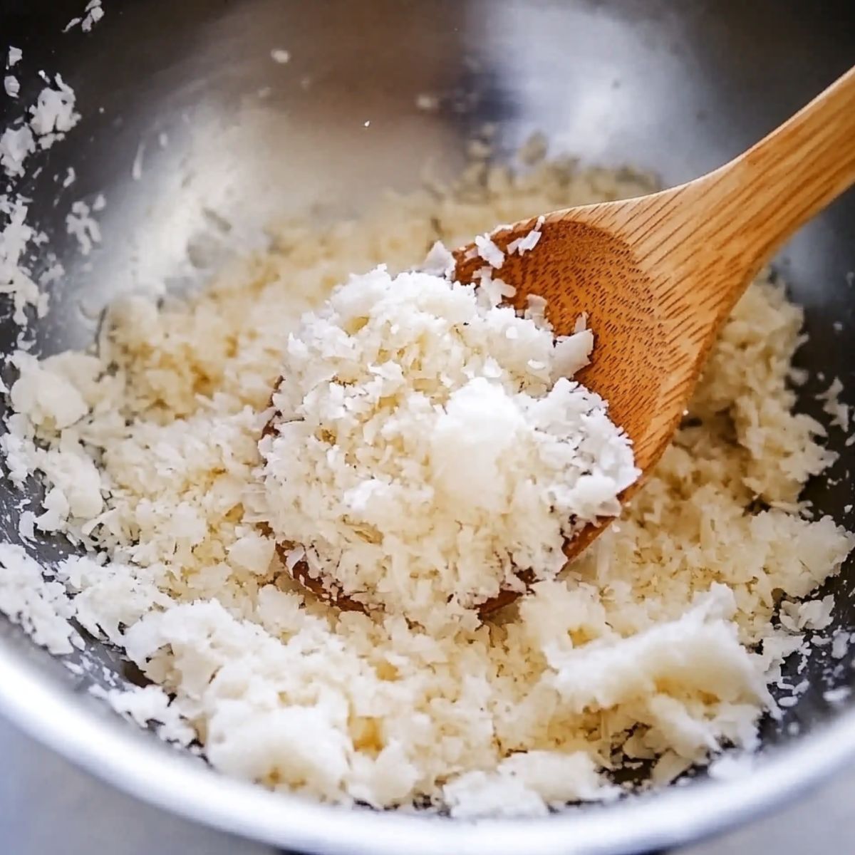 Mixing coconut and condensed milk in a bowl