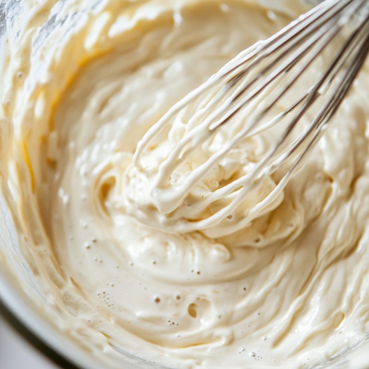 A bowl of yogurt and sugar being whisked together on a kitchen counter.