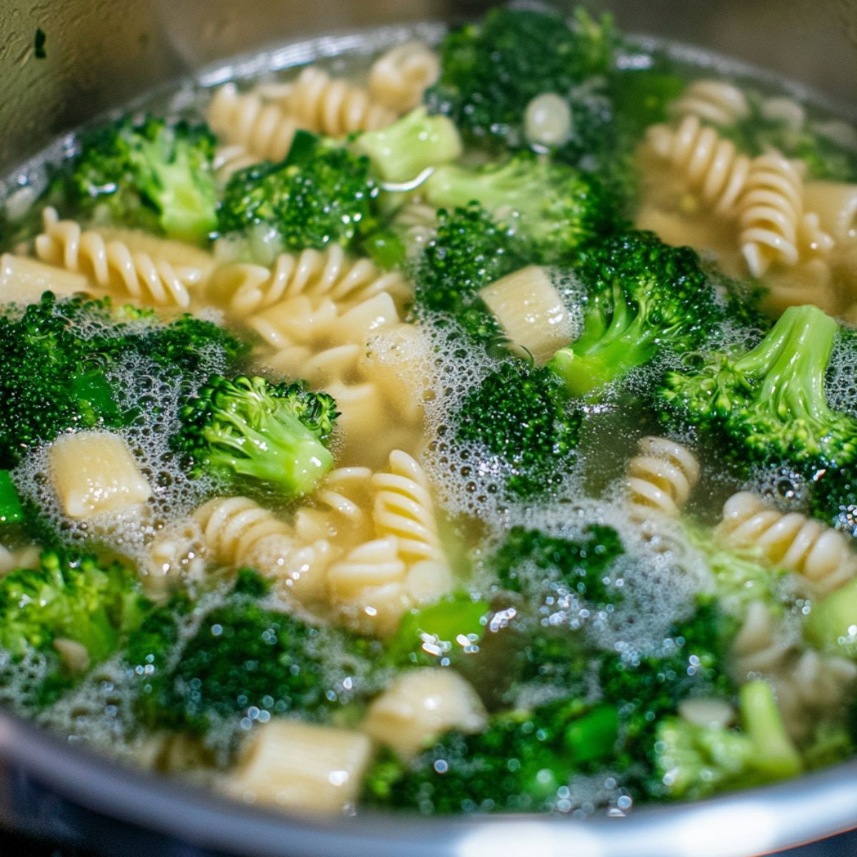 Pasta and broccoli boiling together in a pot