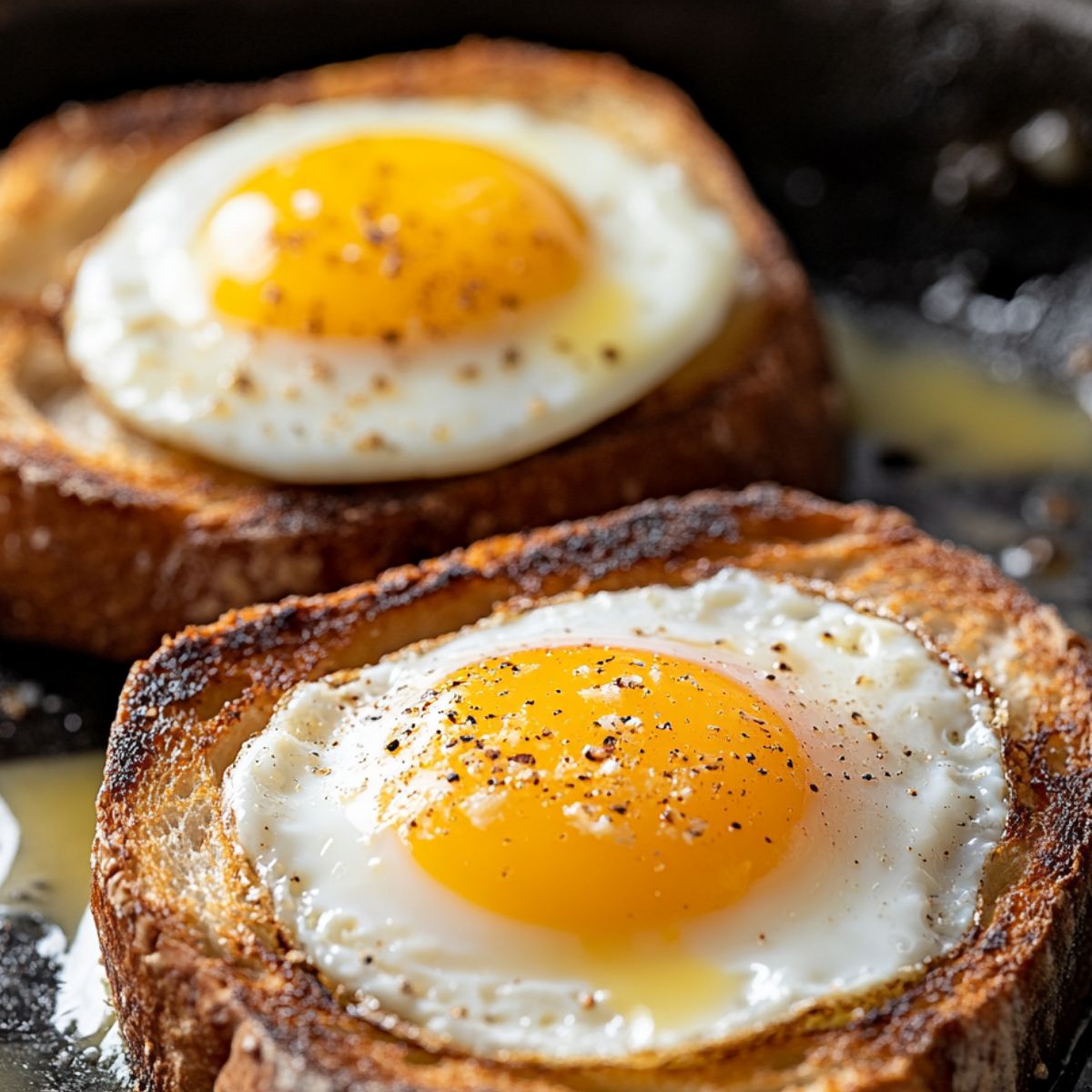 Eggs cracked into the center of toasted bread in skillet