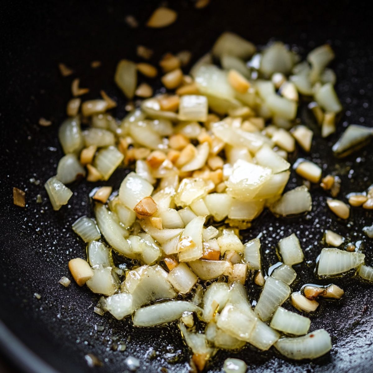 Onion, garlic, and spices sizzling in a skillet to build flavor.