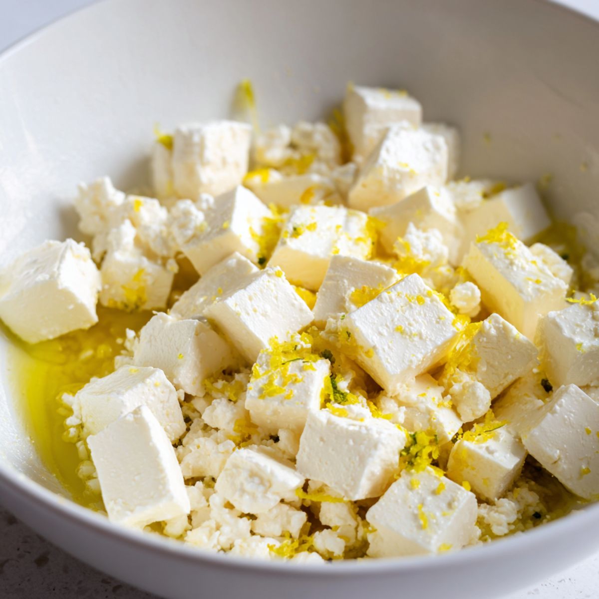 Mixing the sauce base with feta, lemon, and garlic